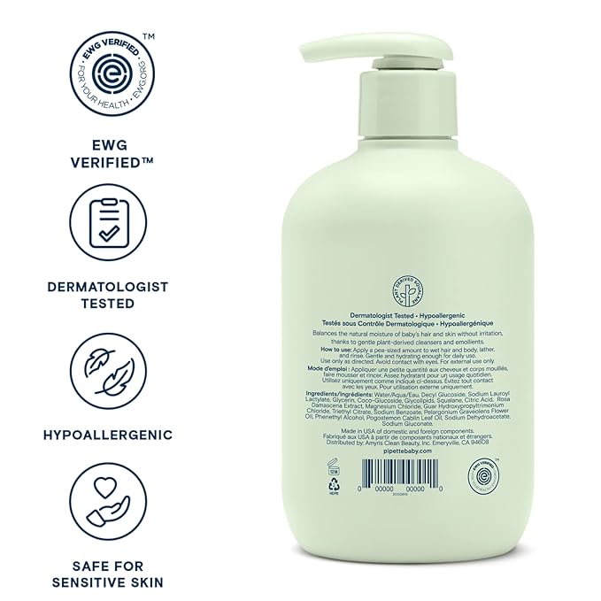 Pipette Baby Shampoo and Body Wash - Fragrance Free, Tear-Free Bath Time, Hypoallergenic, Moisturizing Plant-Derived Squalane, New Formula, 11.8 fl oz