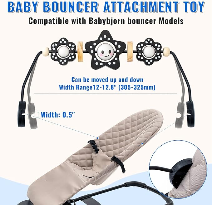 THE KENKYO Wooden Baby Bouncer Toy Bar Compatible with Baby Bjorn, Rotatable Bouncer Toy Attachment, Funny Sensory Toy for Newborn to Toddler, Easy to Attach and Remove (Black)