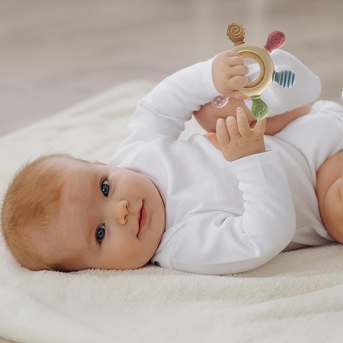 [BabyBite] Teethers Silicone and Beechwood Animal Teether for Sensory and Developmental Play for Baby and Toddler 100% BPA Free Food Grade Silicone, Beige