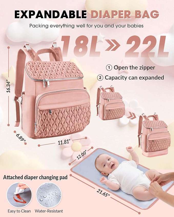 Diaper Bag Backpack, Large Baby Bag for Girl Boy, Travel Diaper Backpack with Insulated Pocket, Cute Diaper Bag Stroller Straps, Baby Shower & Registry Gift for Mom Dad Pink