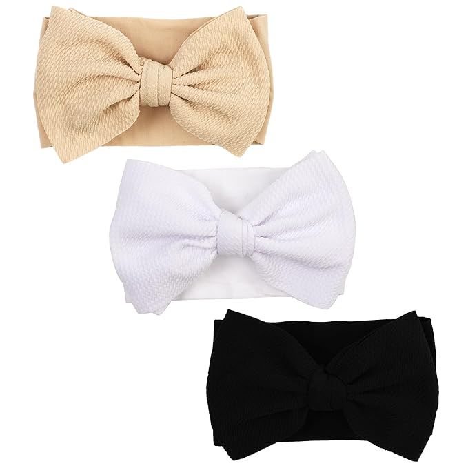 Baby Bow Headbands 3 Pcs Baby Girl Headbands with Bows Soft Nylon Kahki/White/Black Headband Bows for Baby Girls, Newborns, Infants