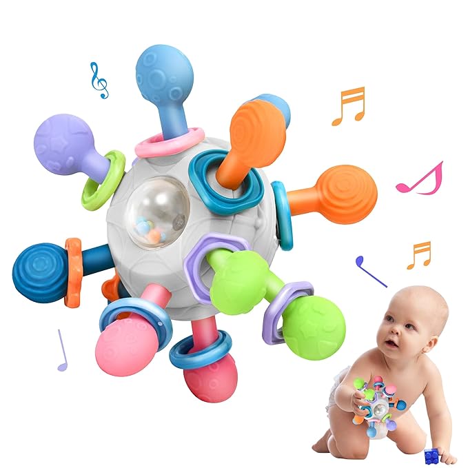 Baby Montessori Teething Toys for 0-6 6-12 Months Infant Teethers Sensory Toys for Babies 0 3 6 9 12 18 Months Learning Developmental Chew Rattle Toys Shower Gifts for 1 2 Year Old Girls Boys White