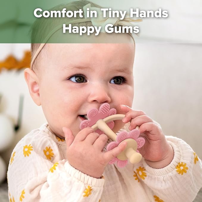haakaa Silicone Twin Flower Teether,Nipple-Shaped End for Gum Massage,360° Baby Toothbrush Head for Self-Brushing Training,Easy to Grip - Rosehip