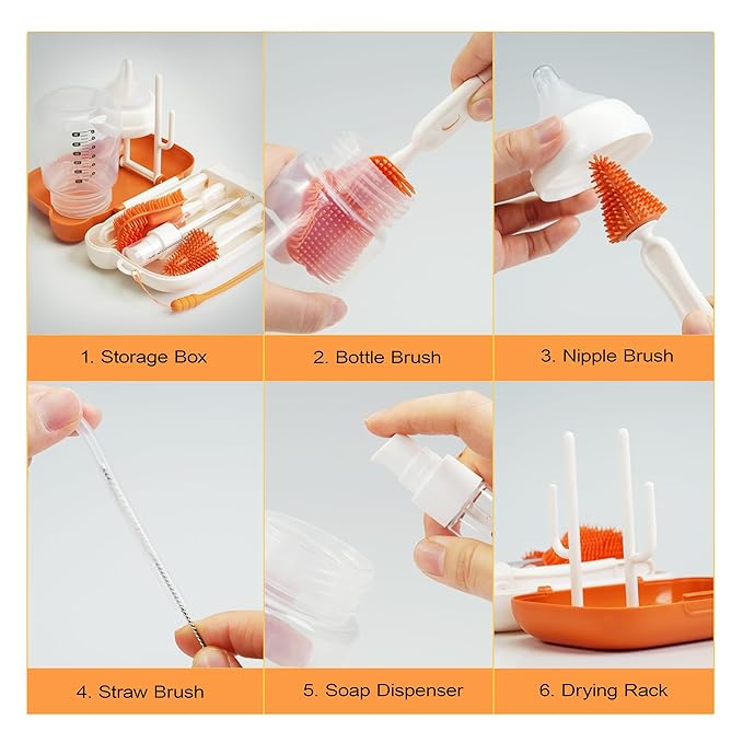 Baby Travel Essential Bottle Brush Set, Baby Bottle Cleaning Kit, Baby Bottle Cleaner Brush Set, 7 in 1, Orange