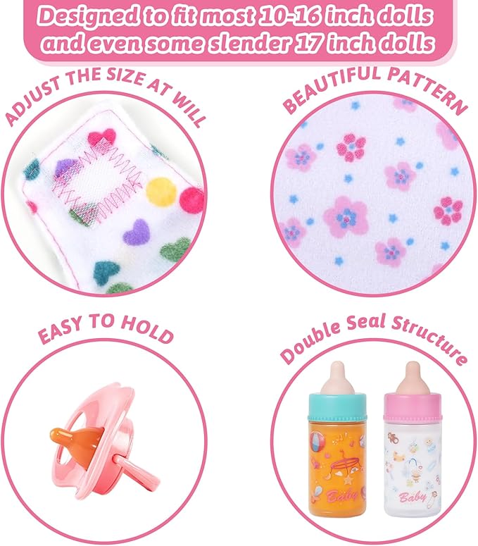 Baby Doll Accessories Set – 7 Pcs Feeding Bottle Toys, Magic Disappearing Milk & Juice, Pretend Play Set with Pacifiers, Reusable Bibs and Diapers, Kids Gift