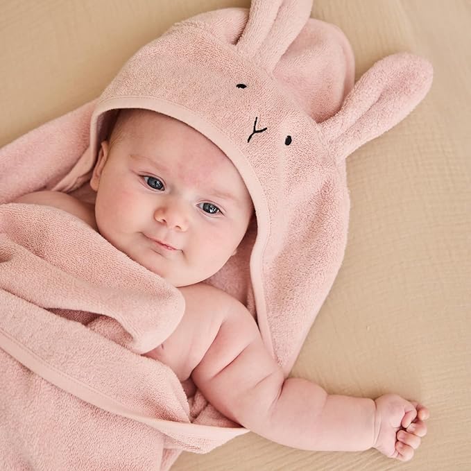 Baby Hooded Towel – Organic Cotton Baby Bath Towels, 32" x 32" Super-Soft and Absorbent Baby Towels for Newborn 2-Pack (Rabbit Blush/Bear Baby Blue)