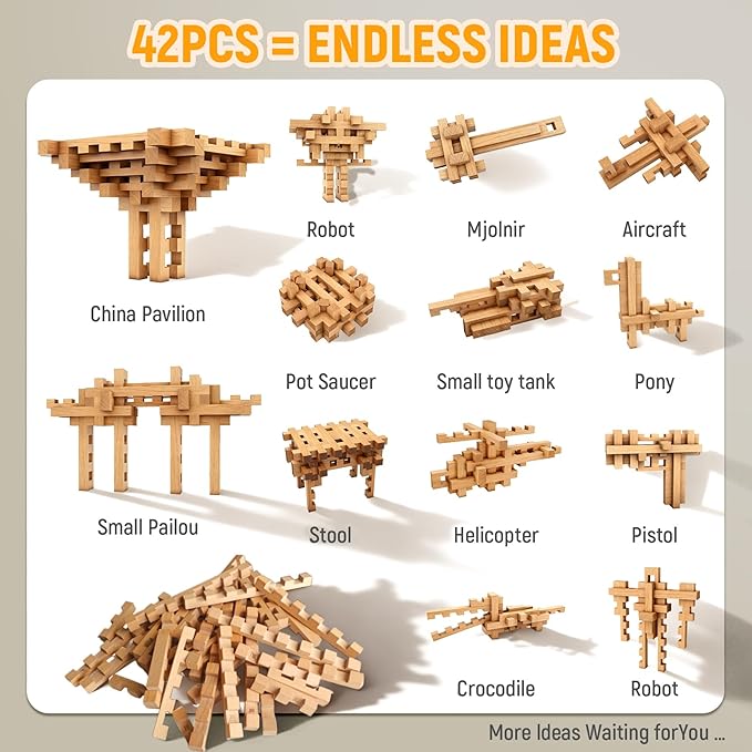 15 in 1 STEM Wooden Building Blocks -15+ Shapes, 3D Puzzle, Brain Games, Educational Toys Gift for Kids and Classroom, Montessori STEM Toys for Ages 5+ to Adults