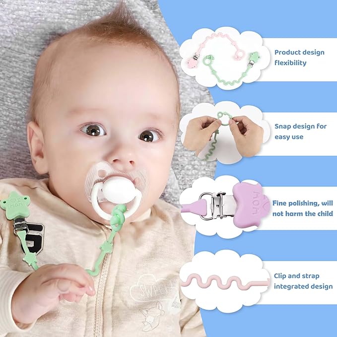 Baby Toy Strap, RTMOK Silicone Bottle Holding Clip, has 1 Toy Strap to Hold Bottles, 3 Toy Straps to Hold Any Toy, Plus 2 Free Silicone Pacifier Clips