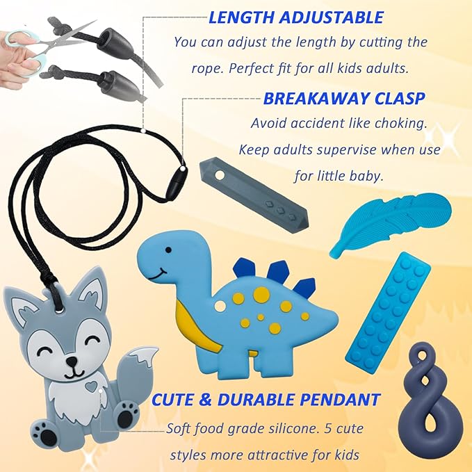 Chew Necklaces for Sensory Kids, Sensory Toys for Kids with Autism, ADHD, SPD, 6 Pack Chewy Necklace for Anxiety Fidgeting Relief