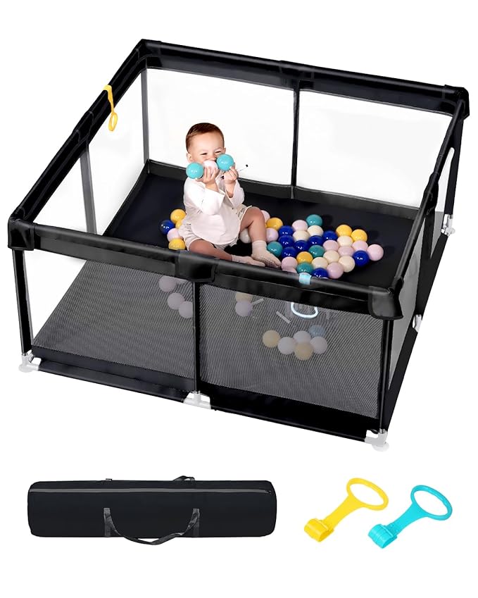 50" x 50" Extra Large Baby Playpen for Babies and Toddlers, Safe Activity Center with Soft Play Fence, Indoor Safety Yard, Easy to Assemble and Clean (Black)