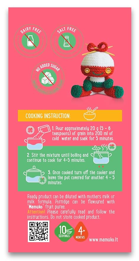 MAMUKO Organic Porridge - Rice Porridge with No Added Sugar, Milk & Preservatives - High Fiber Porridge Developed with EU Experts - Healthy Porridge Ideal for Little Ones from 4+ Months - 12 Servings