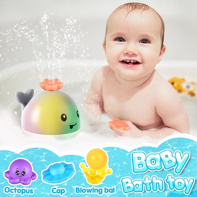 Gigilli Baby Bath Toys with 4 Modes, Bath Toys for Kids Ages 1-3, 1 Year Old Boy Girl Valentines Gifts for Babies 6-12-18 Months, Light Up Whale Bath Toy Toddler Birthday Bathtub Toy