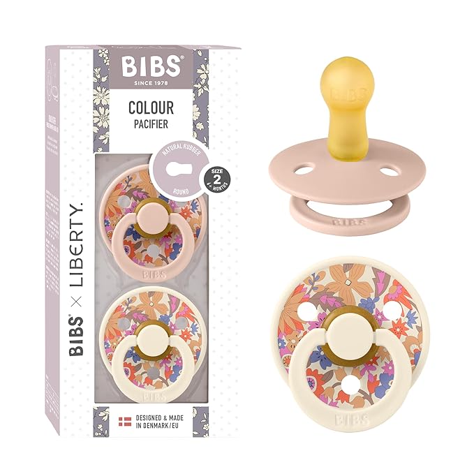 BIBS Liberty Soother 2-Pack, BPA Free Dummy Pacifier, Round Nipple. Natural Rubber Latex, Made in Denmark, Size 2 (6-18 Months), June Blossom Blush Mix