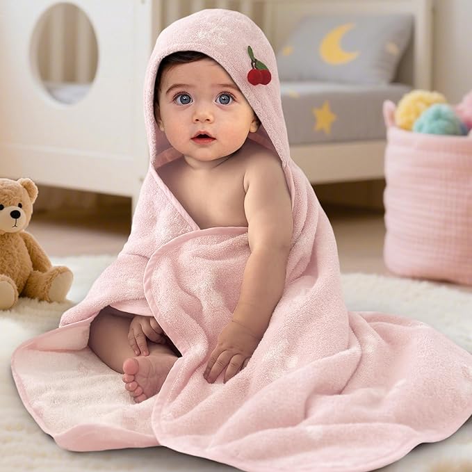 VOOVA & MOVAS Luxury Pink Cherry Baby Hooded Bath Towel - 100% Cotton,420GSM, 30.5x36 Inches,0-2Years, Super Absorbent Large Towel with Hood for Newborn,Infant,Thick, Baby Essentials,Pink Cherry