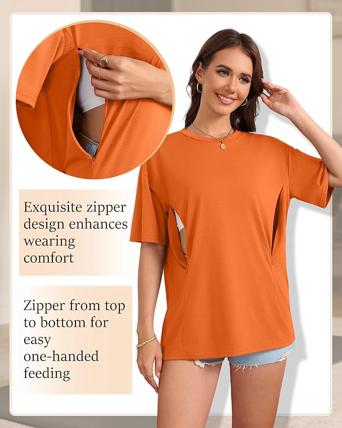 3 Pack Women's Oversize Nursing Breastfeeding Shirts Hidden Zipper Short Sleeve Loose Fit Maternity Tops