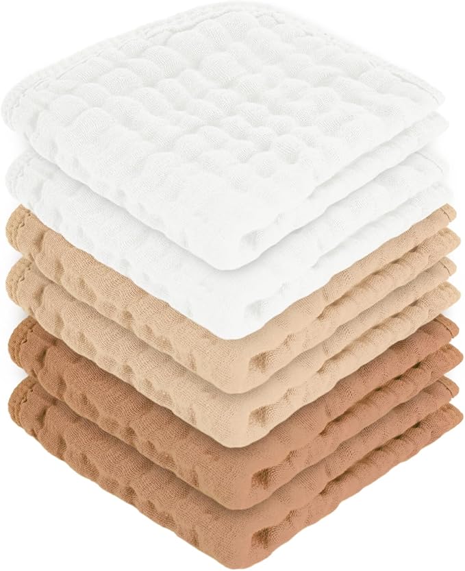Baby Washcloths 100% Cotton Size is 12x12 inches. Lightweight, Portable, and Ideal for use at Home or on The go.(White & Coffee 6 Pieces)