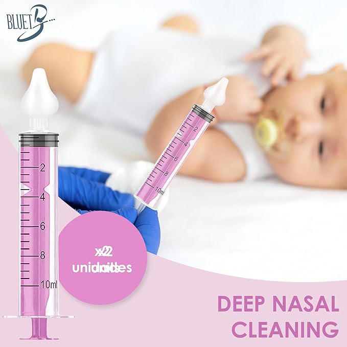 Bluet B - Baby Nasal Syringe (2-Pack) - Safe Silicone Nasal Aspirator for Newborn - Infant Mucus Removal - 10ml Nose Cleaner Syringe for Baby - Toddler Congestion Relief - Reusable Tips - Pink