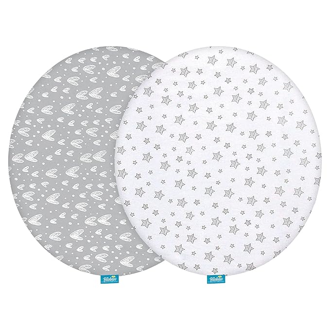 Bassinet Sheets Compatible with Fisher-Price On-The-Go Baby Dome, 2 Pack, 100% Jersey Knit Cotton Fitted Sheets, Breathable and Heavenly Soft, Grey Hearts and White Stars Print for Baby