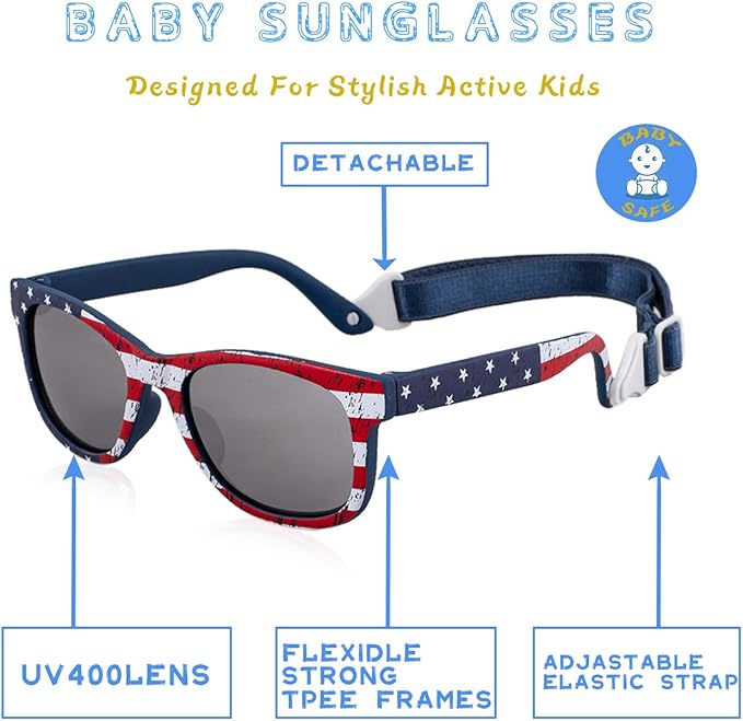 MAXJULI Baby Infant Sunglasses Safe, Soft, With Adjustable Strap 0-24 Months BPA Free 7002