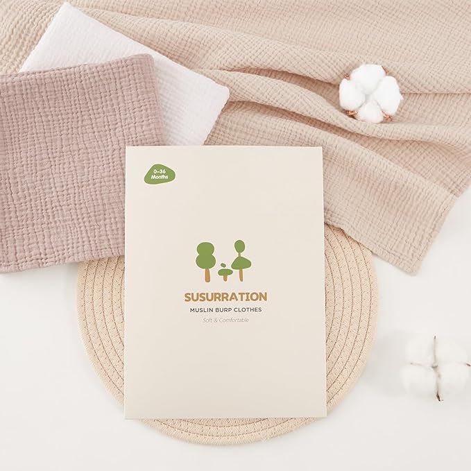 Susurration Muslin Burp Cloths 24x24 Inches Ultra Soft 100% Cotton, 4 or 7 Pack Baby Washcloths for Newborn, Absorbent Burp Rags & Swaddle Blankets