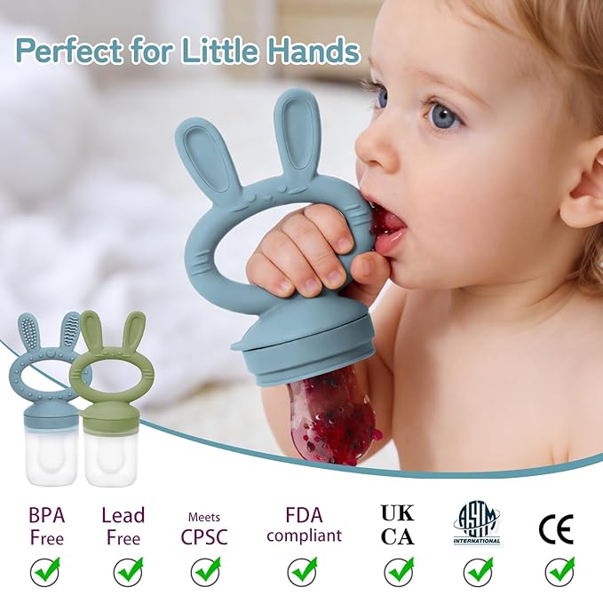 Baby Solids/Frozen Fruit Feeder Pacifier, Infant Teether Toy 4M+, BPA-Free Silicone Pouch & Nipple, Safely Introduce Solids, Teething Relief, 2-Pack - Blue/Green (Rabbit)