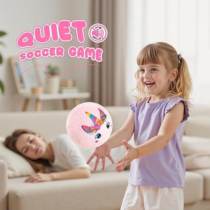ZOOJOY Soft Balls for Toddlers 1-3, Silent Indoor Soccer Ball Size 3, Plush Inflatable House Ball for Kids 3-5, Kickball Toys First Birthday Gifts for Baby Boys Girls, Pink Unicorn, Pump Include