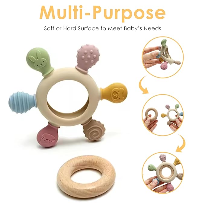 [BabyBite] Teethers Silicone and Beechwood Animal Teether for Sensory and Developmental Play for Baby and Toddler 100% BPA Free Food Grade Silicone, Beige