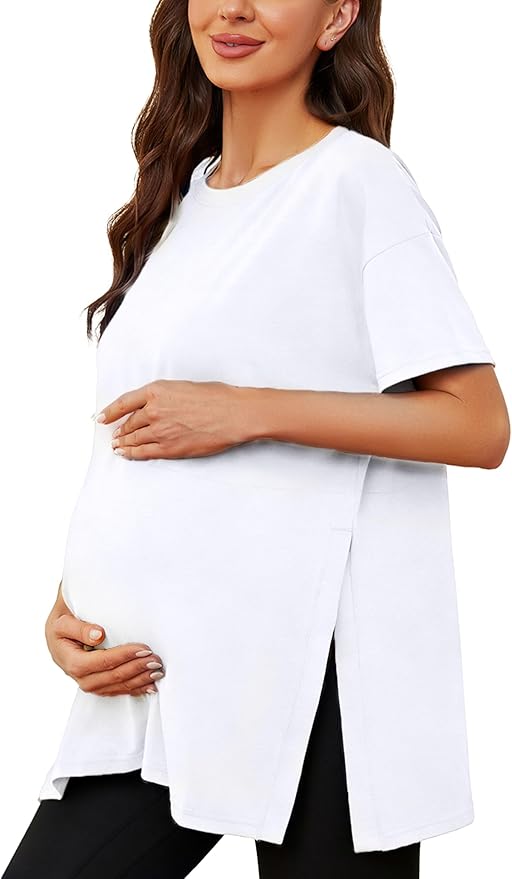 Ecavus Women's Casual Maternity Shirts Split Side Pregnancy Tops Blouses Short Sleeve Loose Fit Maternity Clothes