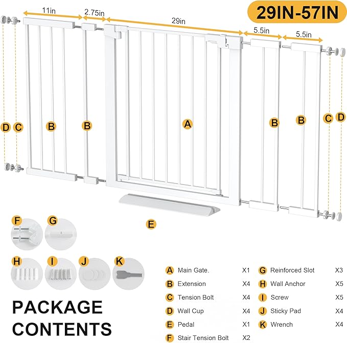 29-57 inches Extra Wide Metal Baby Gate for Stairs/Doorways, 30 inches Tall Pressure Mounted Pet Gates, Auto-Close Child Safety Gate, No Drilling Easy Walk-Through Dog Gate Indoor, White