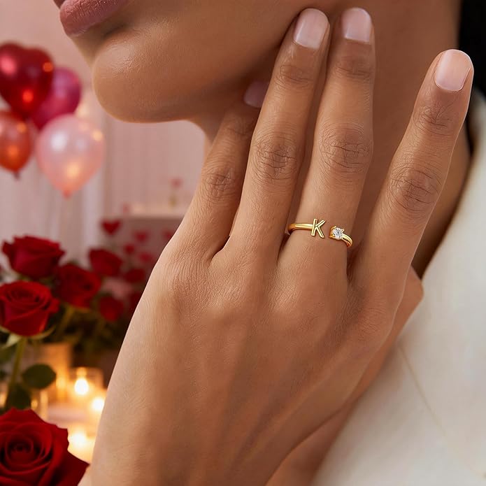 Valentines Day Gifts for Kids Teen Girls, 14K Gold Plated Adjustable Initial Rings for Women Teen Girl Trendy Stuff Birthday Valentines Day Gifts for Women Wife Mom Jewelry
