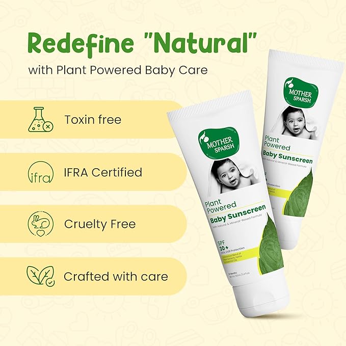 Mother Sparsh Natural Baby Sunscreen Lotion with Organic Ingredients, SPF 30+, Plant derived 95% Bio Based Ingredients - UVA/UVB Protection, 100ml