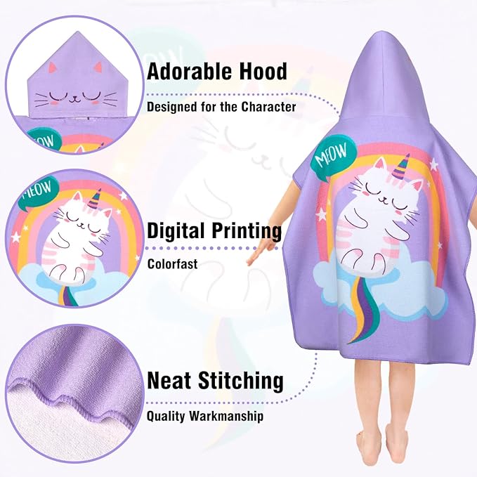 Hooded Kids Beach Towels - Toddler Bath Towel Girls Boys Swim Cover-ups for Ages 1 to 6 Kids Pool Towels Quick Dry Lightweight Soft Microfiber Poncho Towel 24x23(Cat-Purple)