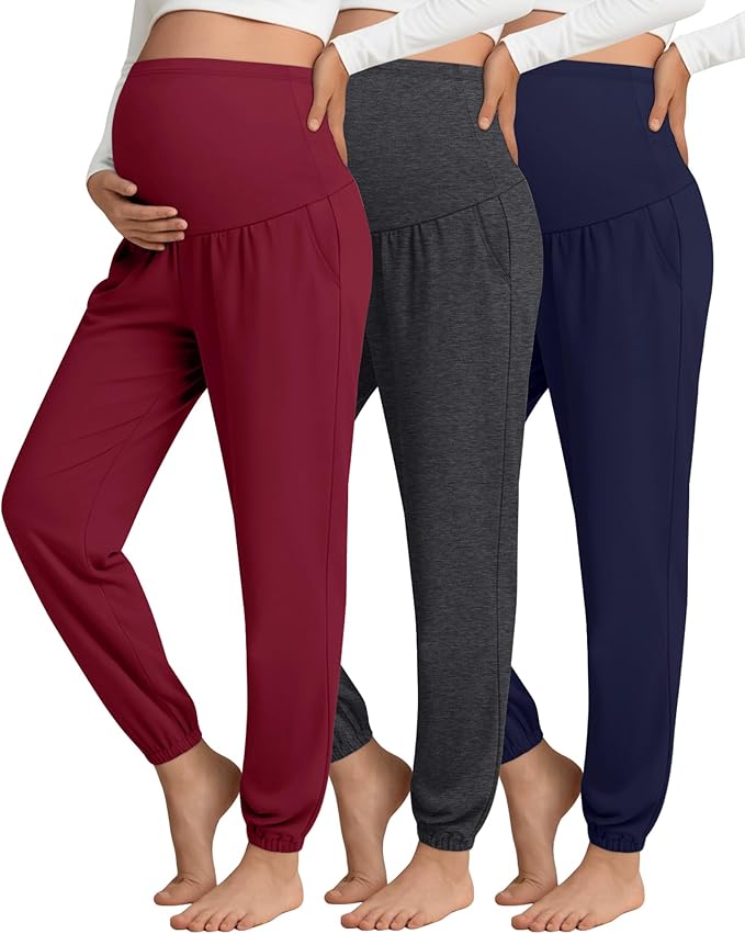 3 Pack Women's Maternity Pants Maternity Jogger Sweatpants Over The Belly Stretchy Pregnancy Pants with Pockets