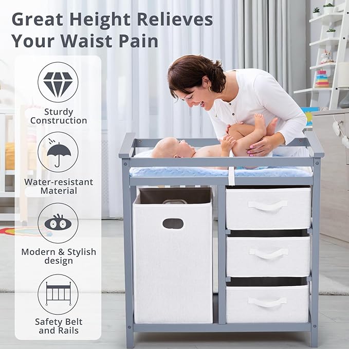 Wooden Baby Changing Table, Modern Diaper Changing Table, Infant Diaper Changing Station Dresser with Laundry Hamper, 3 Drawer Basket and Changing Pad