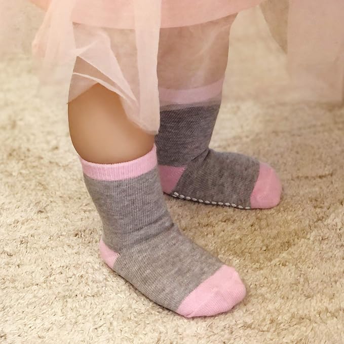 JAKIDAR 12 Pack Baby Toddler Socks Non Slip Grip Cotton Crew Socks for Boys Girls Infants Kids