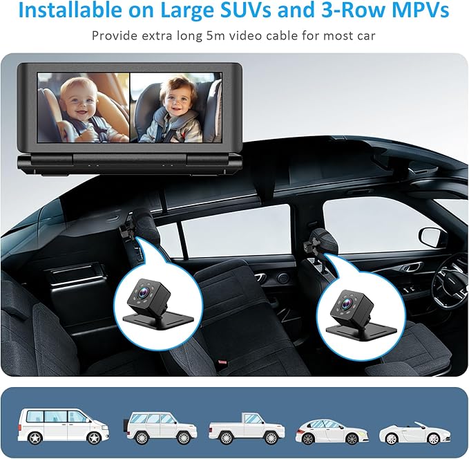 Baby Car Camera for 2 Kids, 6.86" 1080P HD Split Screen Baby Monitor with Dual Backseat Cameras and IR Night Vision, Crystal Clear Wide View Baby Car Mirror for Rear Seat Safety (Not USB)