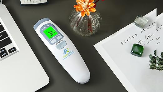 Amplim Non-Contact Forehead Thermometer for Kids and Adults, AmpMed No-Touch Baby Head Temporal Digital Fever Thermometer for Accurate Temperature Reading (White Blue)
