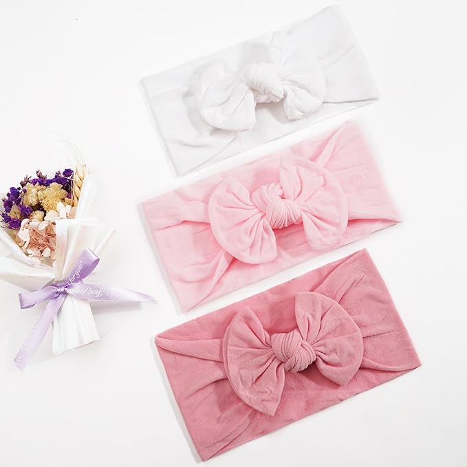 JOYOYO 3 Colors Soft Wide Turban Baby Headbands with 4.5 inches Hair Bow Headbands for Baby Girls Infants Newborn Hair Accessories Toddlers Kids and Children(White Pink Pink)
