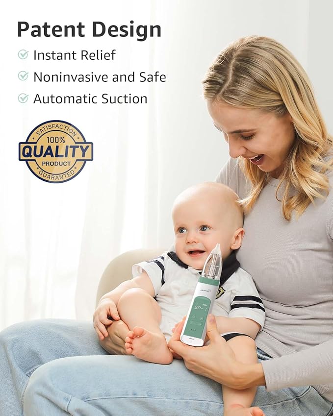 GROWNSY Nasal Aspirator for Baby, Electric Nose Aspirator for Toddler, Baby Nose Sucker, Automatic Nose Cleaner with 3 Silicone Tips, Adjustable Suctions, Music and Light Soothing Function (Green)