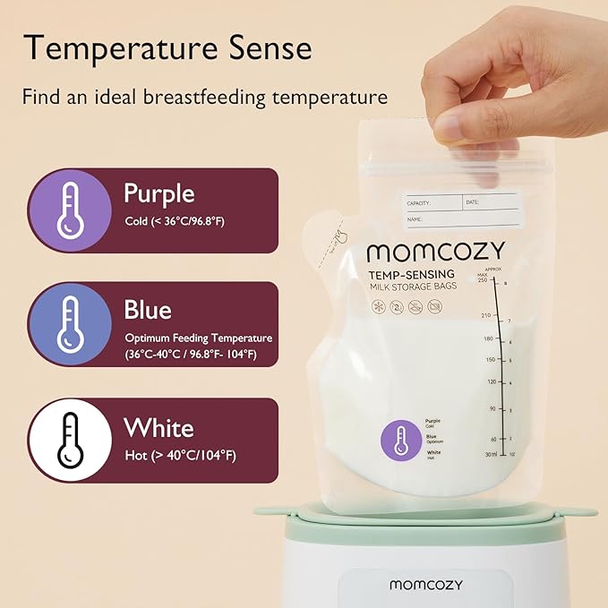 Momcozy Breastmilk Storage Bag, 8Oz, Temp-Sensing Color Change, 200 Count Milk Storage Bags Breastmilk with Pour Spout, Milk Bag with Self Standing for Breastfeeding, No Leak Presterilized for Freezer