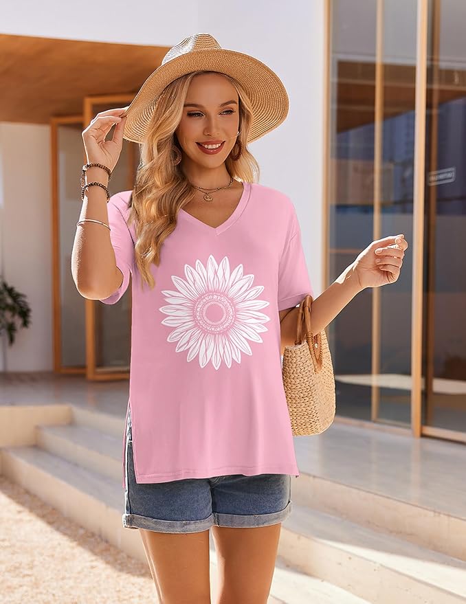 Ekouaer 3 Packs Women's Maternity Shirts V Neck Pregnancy Tops Short Sleeve Casual Workout Tees Side Split Mama Clothes