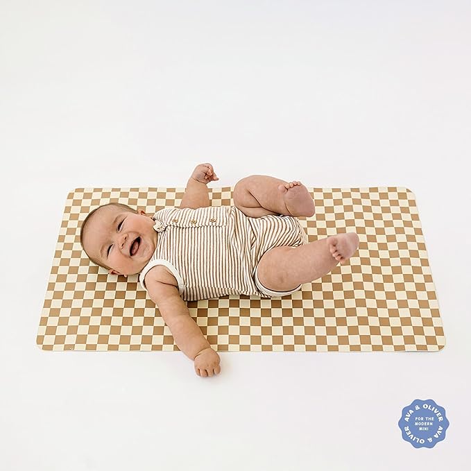 Ava + Oliver Vegan Leather Baby Changing Mat (16 X 30 in) - Multipurpose Wipeable and Portable Diaper Changing Pad - Foldable for Travel (Mocha Checker)