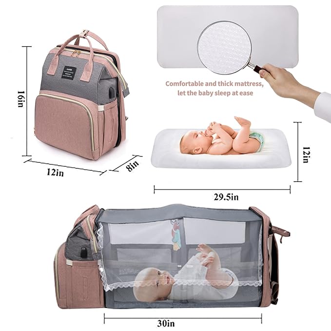 Baby Diaper Bags with Changing Station,900D Oxford Waterproof Diaper Bag Backpack for Moms Dads with USB Charging Port,Large Capacity Baby Essentials(Ungrade Pink Grey)