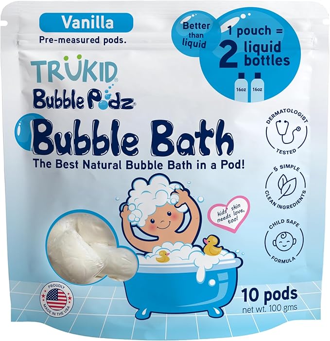 TruKid Bubble Podz Bubble Bath for Kids, Toddlers, & Babies, Tear Free Gentle & Refreshing Bath Bomb for Sensitive Skin with Natural Moisturizers, Non-Toxic, pH Balanced, Vanilla Scent (10 Podz)