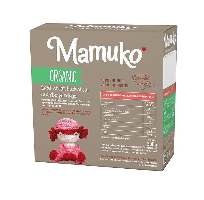 MAMUKO Organic Porridge - Healthy Porridge Blend of Spelt, Buckwheat & Rice - High Fiber Porridge with No Added Sugar, Milk & Preservatives - Organic Porridge Ideal for Toddlers - (200g & 10 Servings)