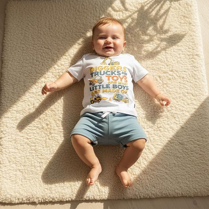 Toddler Baby Boy Clothes Summer Short Sleeve Trucks Tractors Print T-Shirt Tops Solid Color Shorts Set Casual Outfit