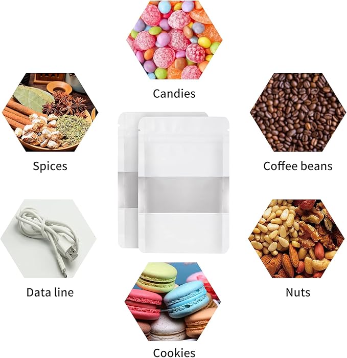 100 Pieces Smell Proof Mylar Bags, Resealable Food Storage Bags with Clear Window, Foil Pouch Stand-up Bags for Food Self Sealing Storage Supplies (White, 4.7 x 7.8 Inch)