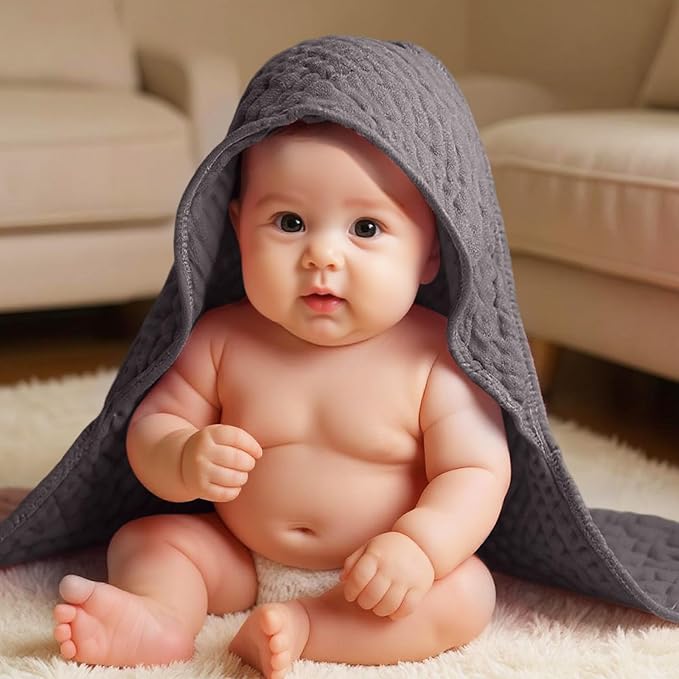 Peryiter 6 Pcs Muslin Hooded Baby Towels 32x32inch Cotton Newborn Bath Essentials Muslin Infant Blankets Absorbent Registry Baby Shower Present for Babies Girl Boy Kids (Gray Series)