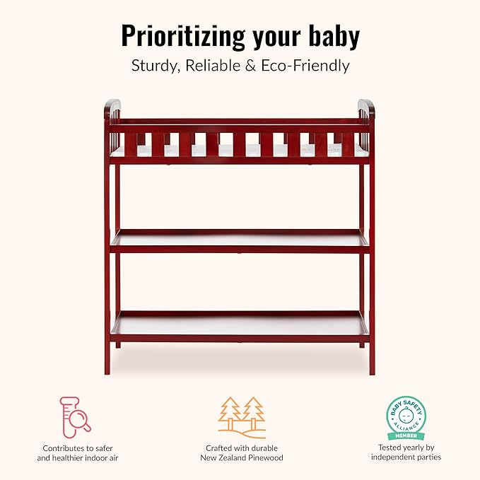 Dream On Me Emily Changing Table, Compact and Lightweight, Solid New Zealand Pinewood, Elevated Safety Rails, Two Storage Shelves, Includes Water-Resistant 1" Changing Pad — Cherry