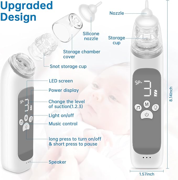 Nasal Aspirator for Baby, Electric Nose Aspirator for Toddler, Nose Sucker with Powerful Suction, Auto Nose Cleaner with 3 Silicone Tips, Adjustable Suction Level, Music and Light Soothing Function